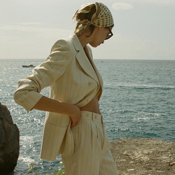 Doen Harrison Pinstripe Double Breasted Suit Blazer Jacket Cream Gessato Stripe - Picture 3 of 16